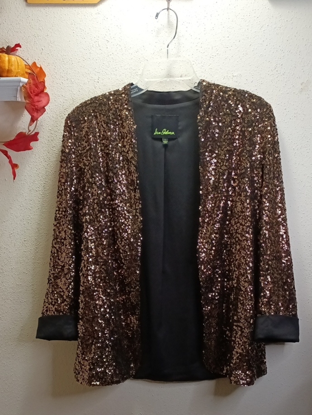 Sam Edelman brownze & Gold sequence open front jacket size L gently Loved PTP 20